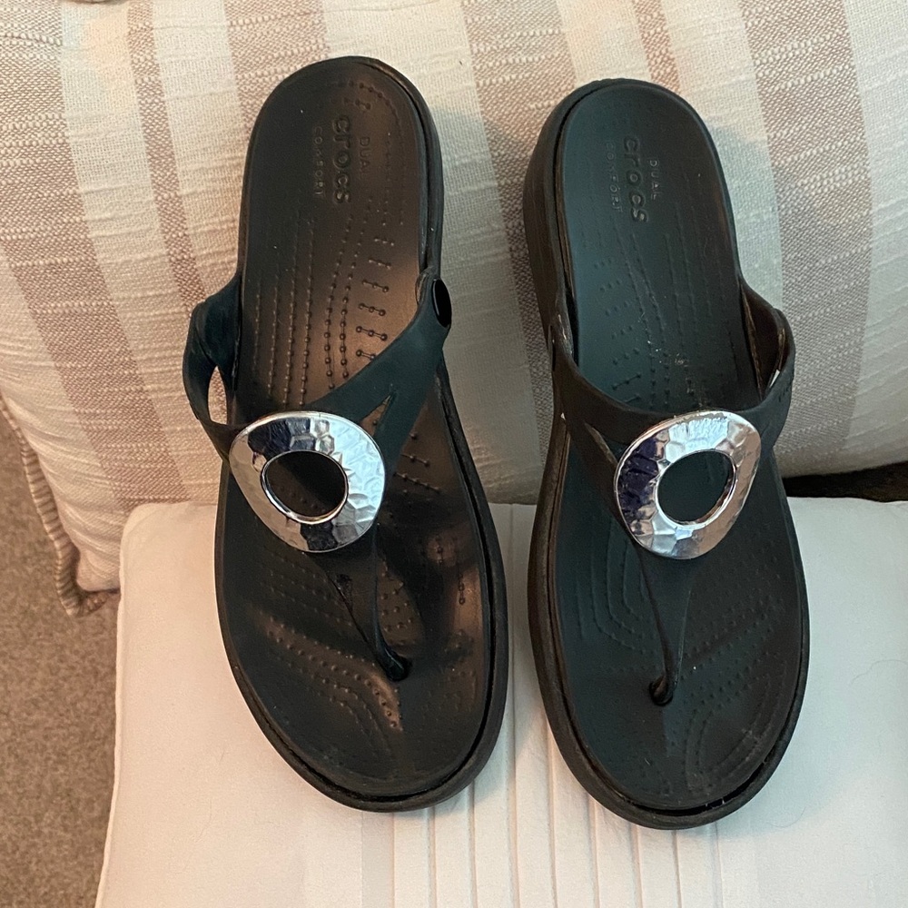 CROCS Black Thong Wedge Sandals with Silver Accent